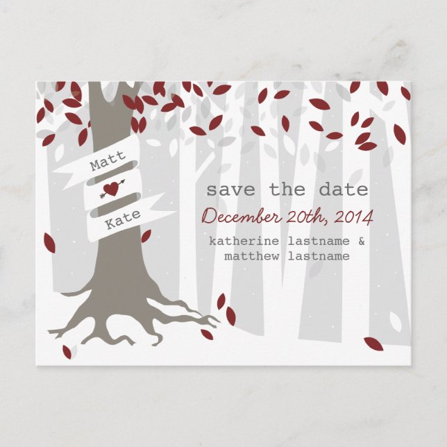 Snow Forest Winter Red Wedding Save Date Postcard (Front)
