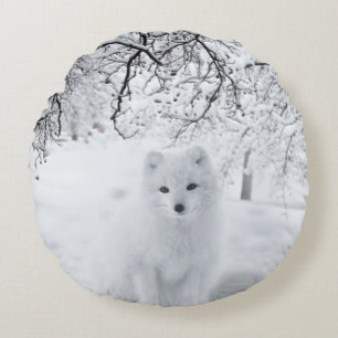 Snow Fox in Winter Woods Round Cushion