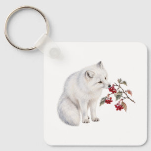 Snow Fox Sniffing Winter Berries Key Ring