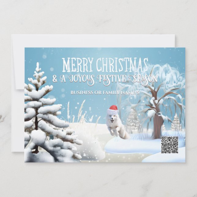 Snow fox wearing santa hat winter forest qr code  holiday card (Front)