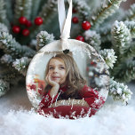 Snow Frame Minimal Two Photo Custom Name Script Ceramic Tree Decoration<br><div class="desc">Simple,  elegant,  and minimal custom two photos and name overlay. Personalize with one photo on the front and one on the back. Elegant magical snowy frame with a custom name in elegant script.</div>