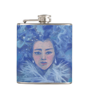 Snow Girl, winter fantasy art, Christmas New Year Hip Flask