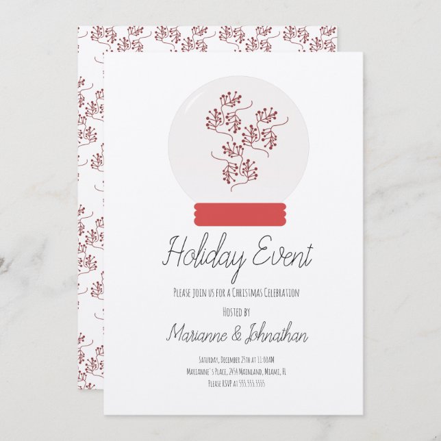 Snow Globe Christmas Party Berry Sprig Kraft Invitation (Front/Back)