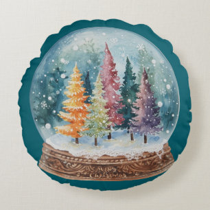 Snow Globe Colorful Christmas Tree Forest Round Cushion