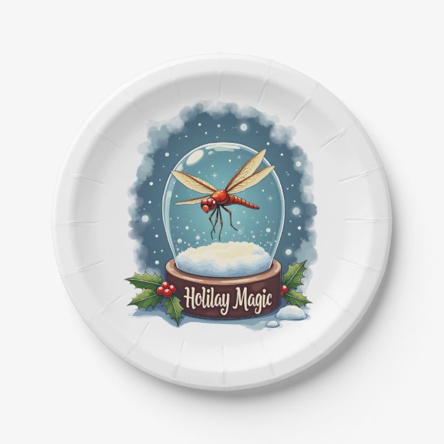 Snow Globe Dragonfly Paper Plate (Front)