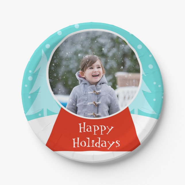 Snow Globe Holiday Photo Paper Plates (Front)