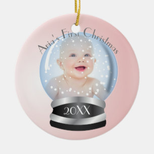 Snow Globe Pink Girl Baby's 1st Christmas Photo Ceramic Tree Decoration