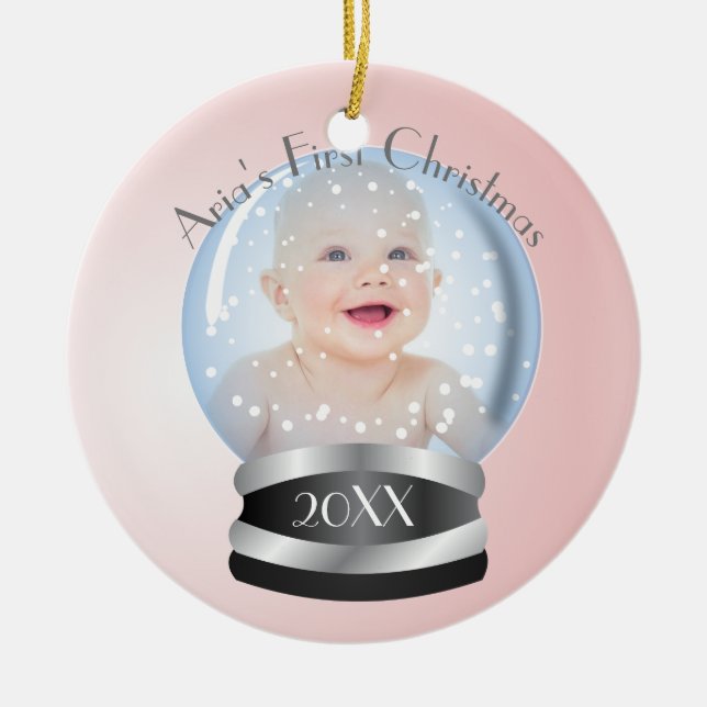 Snow Globe Pink Girl Baby's 1st Christmas Photo Ceramic Tree Decoration (Front)