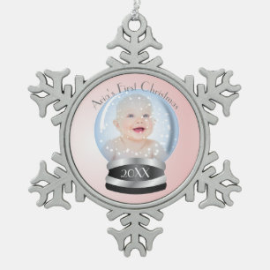 Snow Globe Pink Girl Baby's 1st Christmas Photo Snowflake Pewter Christmas Ornament