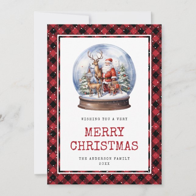 Snow Globe Santa Red Plaid Merry Christmas Card (Front)