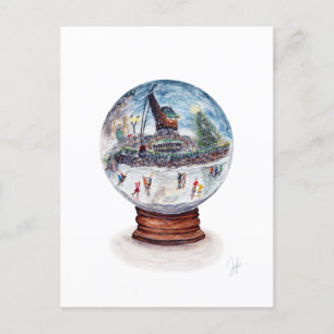 Snow Globe Scene Ice Skating Under the Crane Postcard