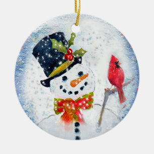 Snow Globe Snowman & Cardinal Ceramic Tree Decoration