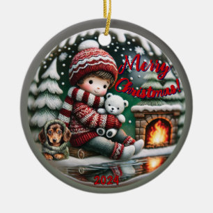 Snow Globe Vibe: Dachshund Fireplace Scene Ceramic Tree Decoration