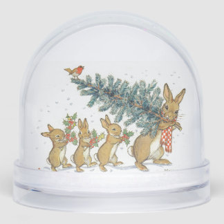 SNOW GLOBE VINTAGE CHRISTMAS TREE AND BUNNIES