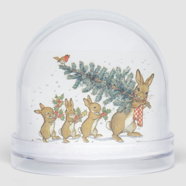 SNOW GLOBE VINTAGE CHRISTMAS TREE AND BUNNIES (Front)