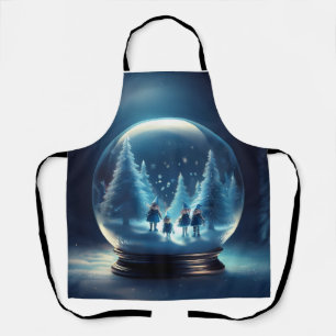 Snow Globe With 4 Small Elves And Snow Flakes Apron