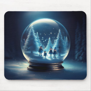 Snow Globe With 4 Small Elves And Snow Flakes Mouse Mat