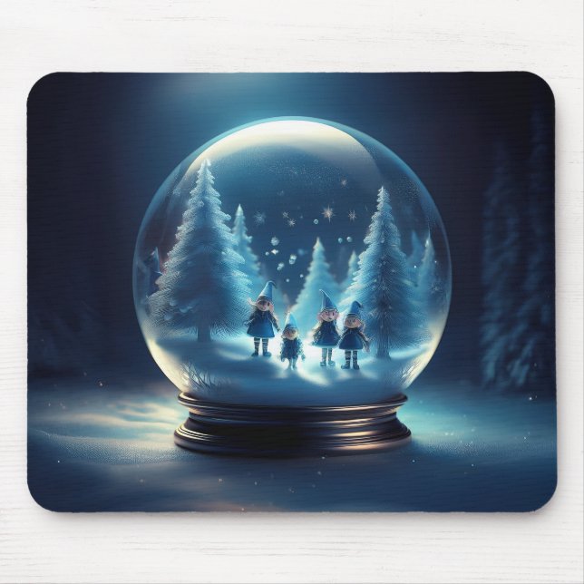 Snow Globe With 4 Small Elves And Snow Flakes Mouse Mat (Front)