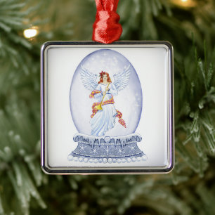 Snow globe with angel illustration metal tree decoration
