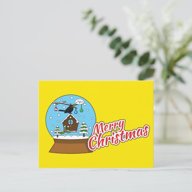 Snow Globe with Blackbird Singing Holiday Postcard (Standing Front)