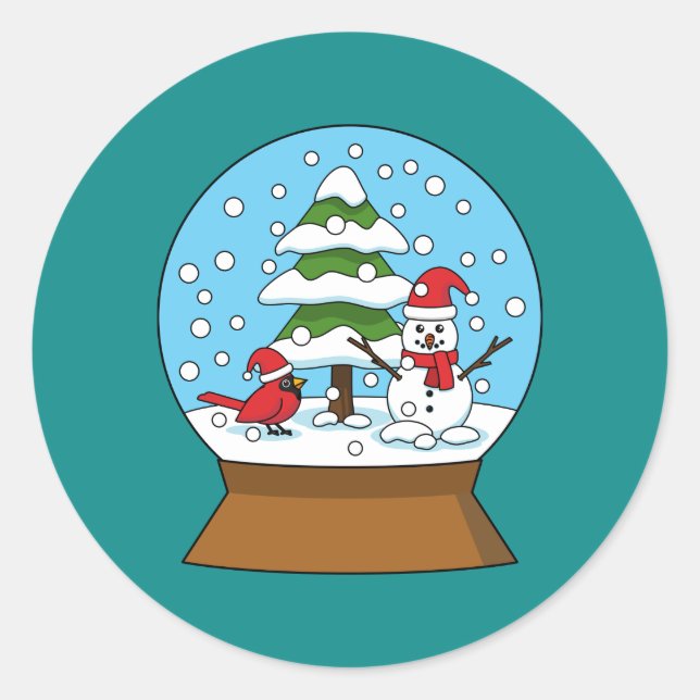 Snow Globe with Cardinal Snowman and Pine Tree Classic Round Sticker (Front)