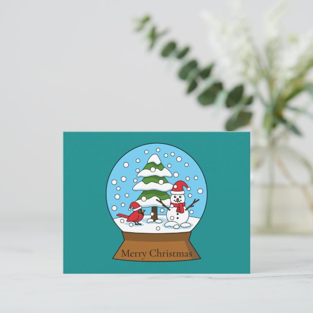 Snow Globe with Cardinal Snowman and Pine Tree Holiday Postcard (Standing Front)