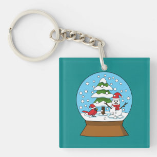 Snow Globe with Cardinal Snowman and Pine Tree Key Ring