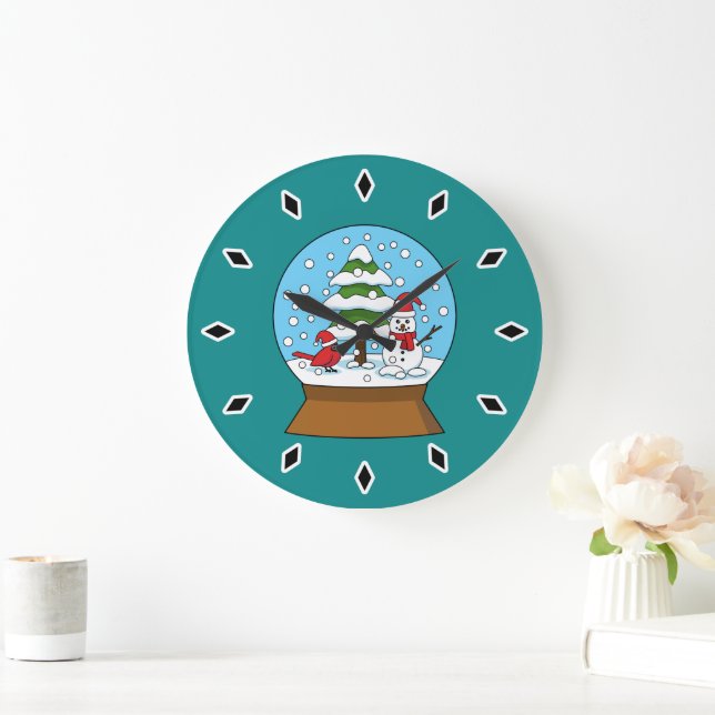 Snow Globe with Cardinal Snowman and Pine Tree Large Clock (Home)