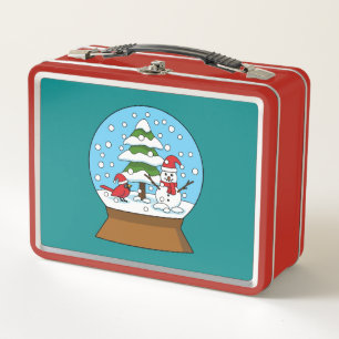 Snow Globe with Cardinal Snowman and Pine Tree Metal Lunch Box
