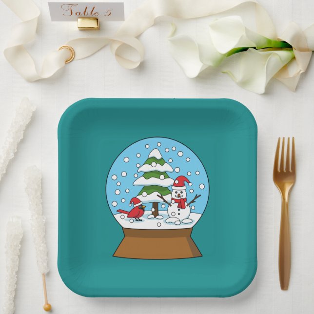 Snow Globe with Cardinal Snowman and Pine Tree Paper Plate (Wedding)