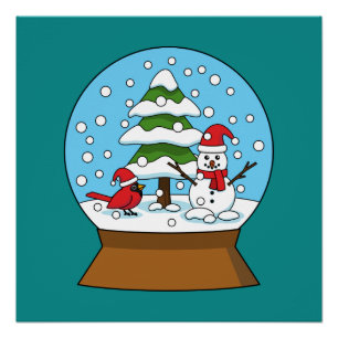 Snow Globe with Cardinal Snowman and Pine Tree Poster