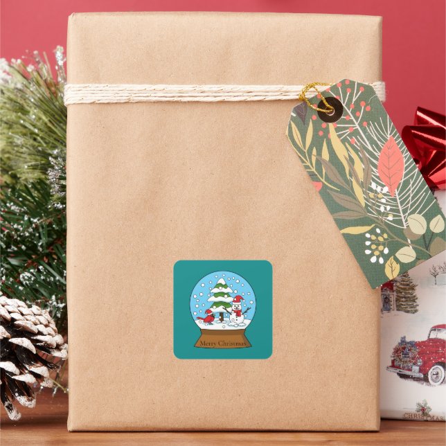 Snow Globe with Cardinal Snowman and Pine Tree Square Sticker (Holiday)
