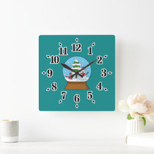 Snow Globe with Cardinal Snowman and Pine Tree Square Wall Clock