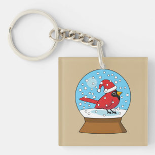 Snow Globe with Cute Red Cardinal Key Ring