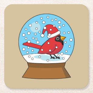 Snow Globe with Cute Red Cardinal Square Paper Coaster
