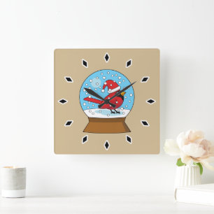 Snow Globe with Cute Red Cardinal Square Wall Clock