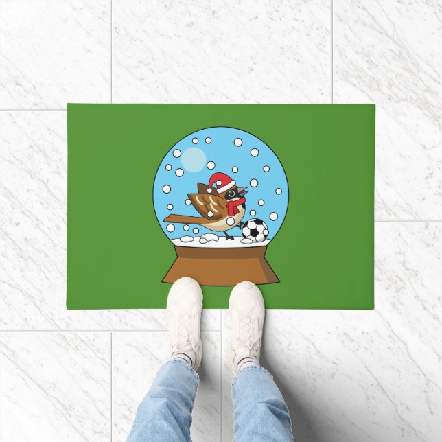 Snow Globe with Cute Sparrow Playing Soccer Doormat (Indoor)