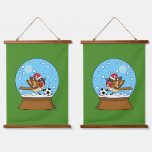 Snow Globe with Cute Sparrow Playing Soccer Hanging Tapestry