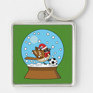 Snow Globe with Cute Sparrow Playing Soccer Key Ring
