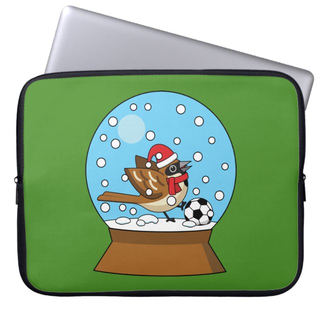 Snow Globe with Cute Sparrow Playing Soccer Laptop Sleeve (Front)