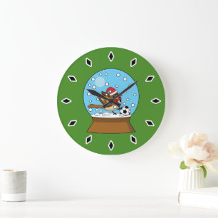 Snow Globe with Cute Sparrow Playing Soccer Large Clock