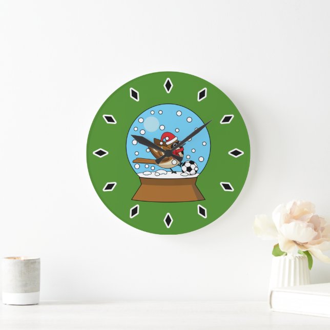 Snow Globe with Cute Sparrow Playing Soccer Large Clock (Home)