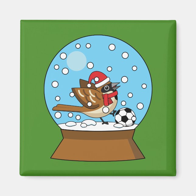 Snow Globe with Cute Sparrow Playing Soccer Magnet (Front)