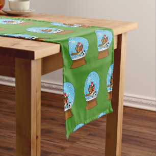 Snow Globe with Cute Sparrow Playing Soccer Short Table Runner