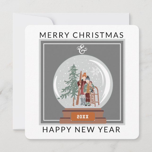 Snow Globe with People with Ski & Sled Christmas  Holiday Card (Front)