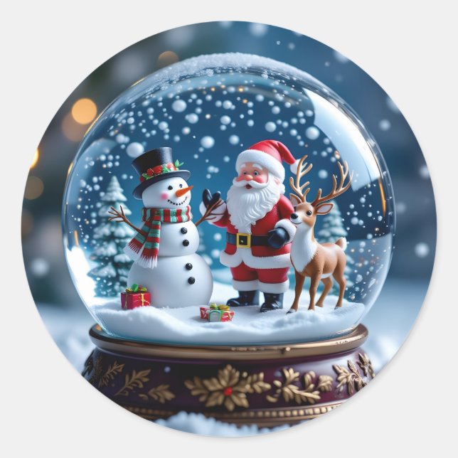 Snow globe with Santa and Reindeer Classic Round Sticker (Front)