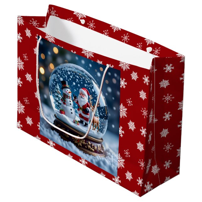 Snow globe with Santa and Reindeer Large Gift Bag (Front Angled)