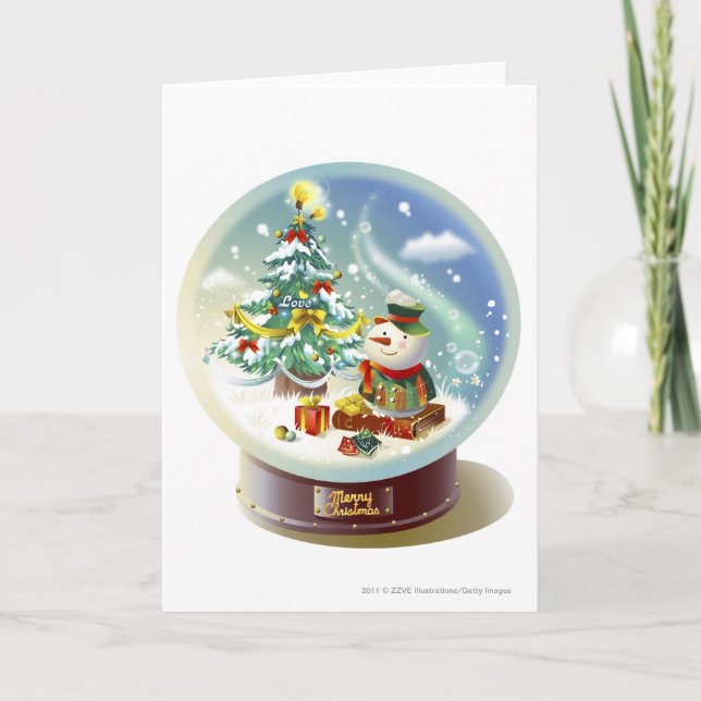 Snow globe with snowman and Christmas tree Holiday Card (Front)