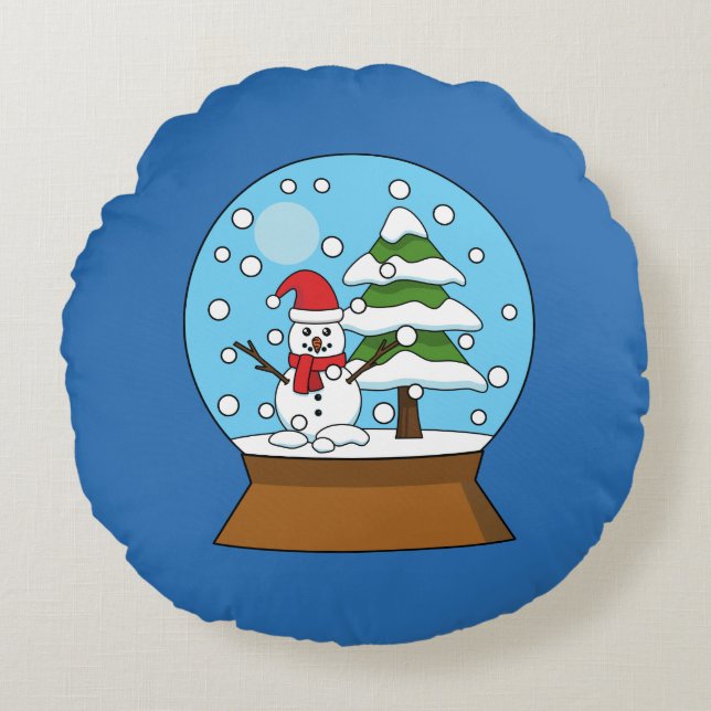 Snow Globe with Snowman and Pine Tree Round Cushion (Front)