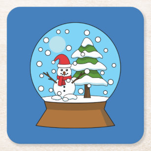 Snow Globe with Snowman and Pine Tree Square Paper Coaster